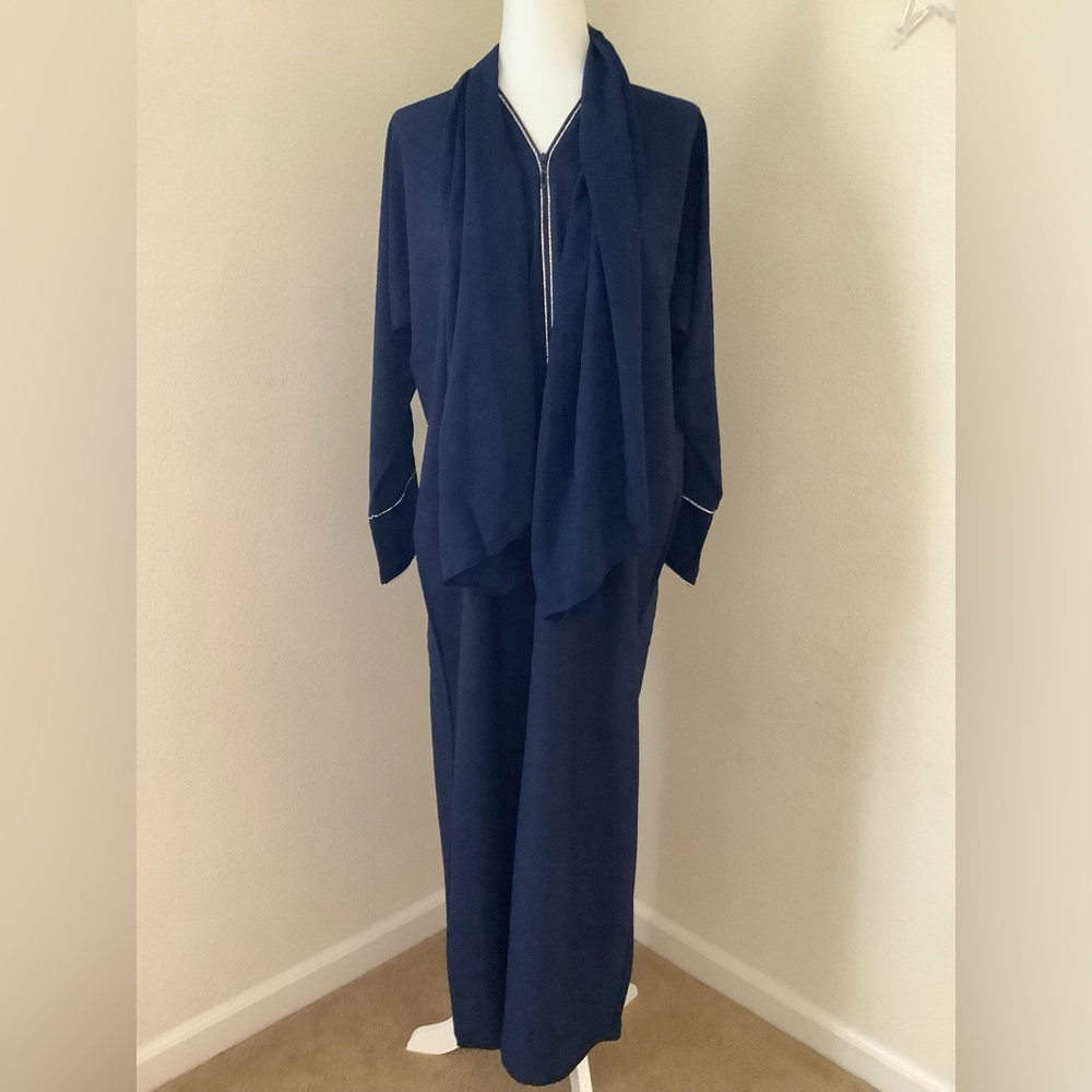 Dark blue rhinestone zipper abaya set